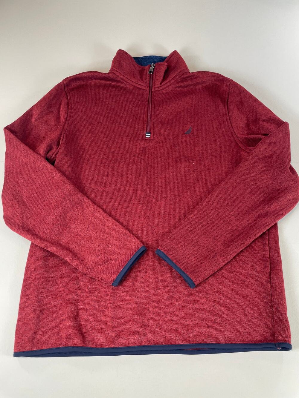 Nautica Fleece Pullover Size L Burgundy Quarter Zip Navy Trim